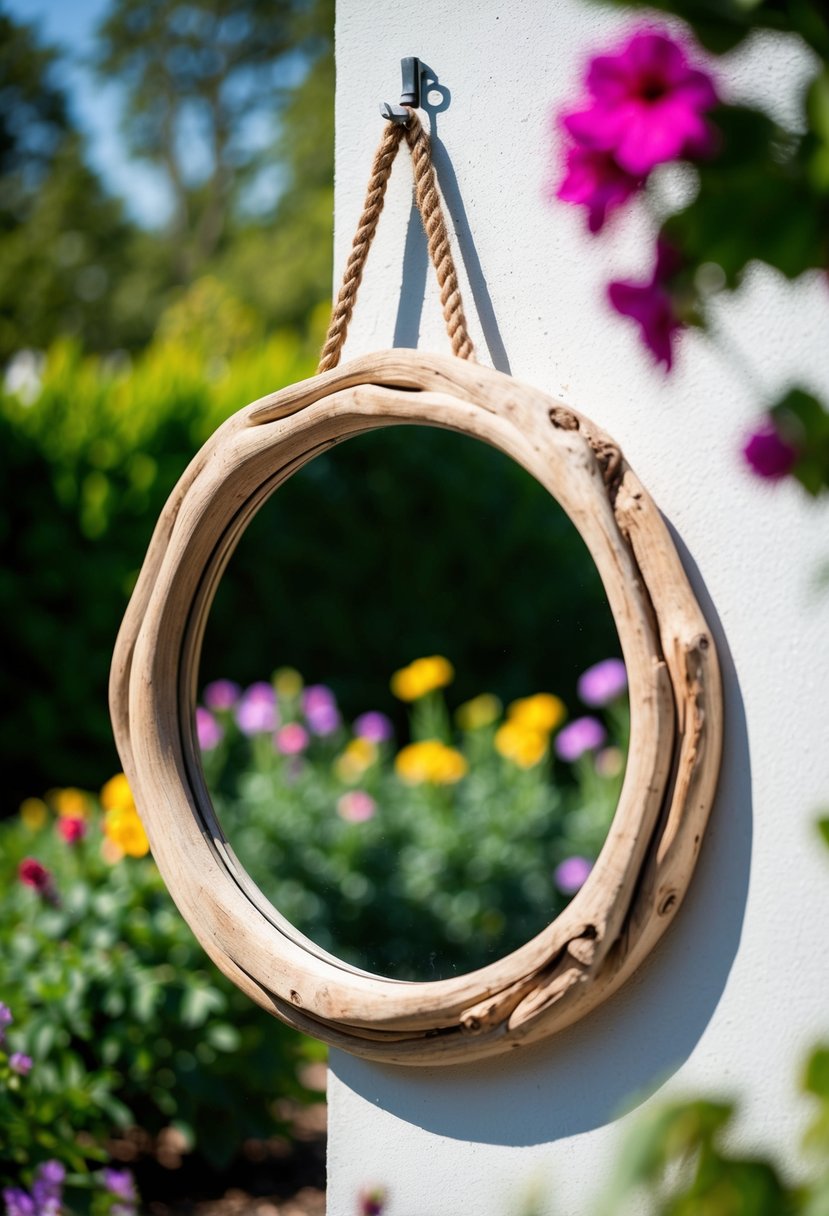 A round driftwood mirror hangs on a garden wall, reflecting greenery and flowers in the background