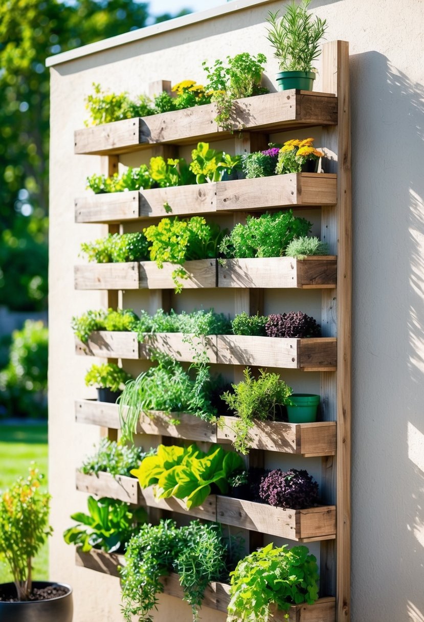 A vertical pallet planter with 22 herb garden walls, filled with a variety of plants and herbs, hanging on a sunny outdoor wall