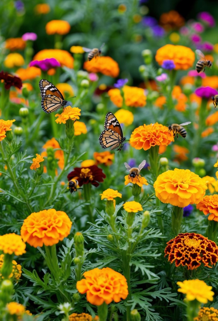 A lush garden of wild marigolds and other colorful flowers, with bees buzzing and butterflies fluttering among the vibrant blooms