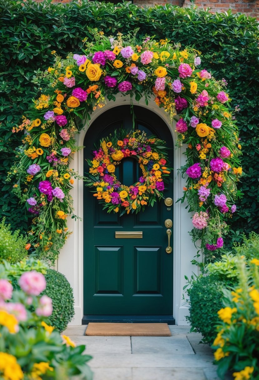 A lush, colorful wreath adorns a garden entrance, surrounded by blooming flowers and vibrant greenery
