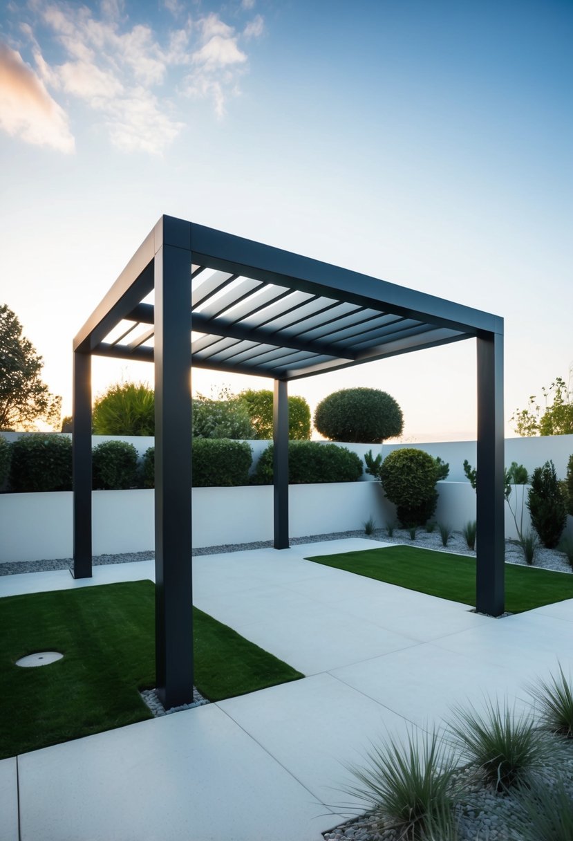 A sleek, geometric pergola stands in a serene garden, surrounded by minimalist landscaping and clean lines