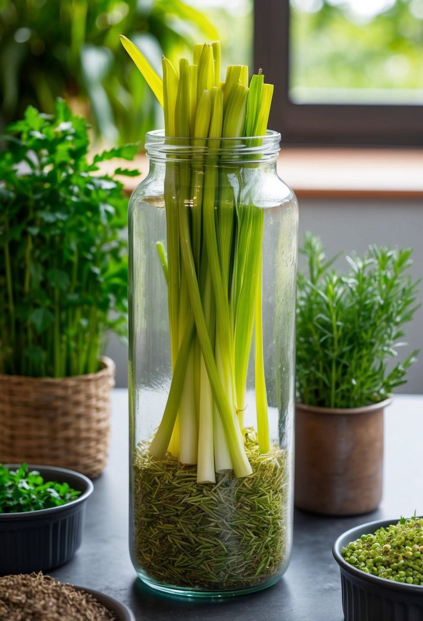 A tall glass jar filled with lemongrass, surrounded by other herbs in containers