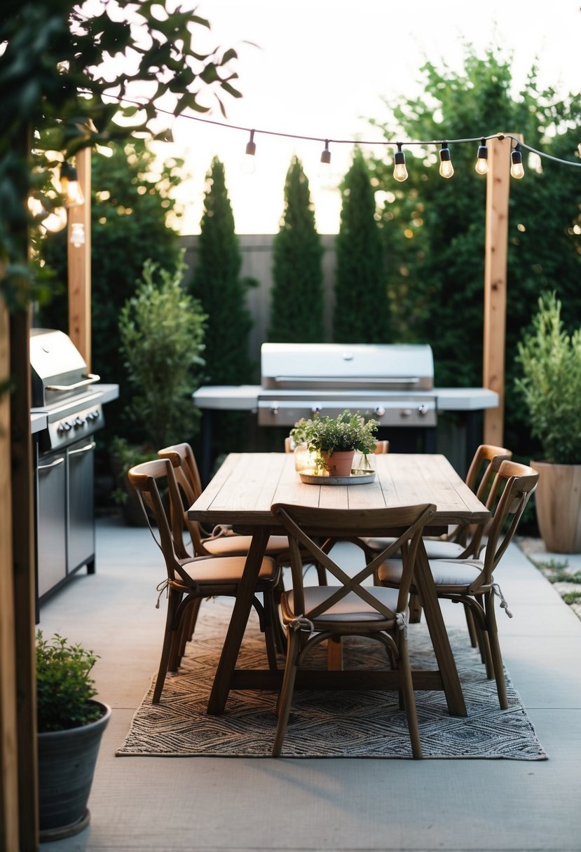 A cozy farmhouse-style dining set sits on a patio next to a BBQ area, surrounded by greenery and outdoor lighting