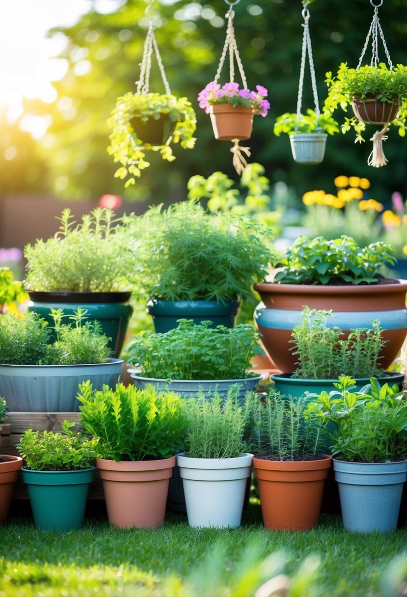 A collection of 31 herb gardens flourishing in various containers, ranging from small pots to hanging baskets, arranged in a sunlit outdoor setting