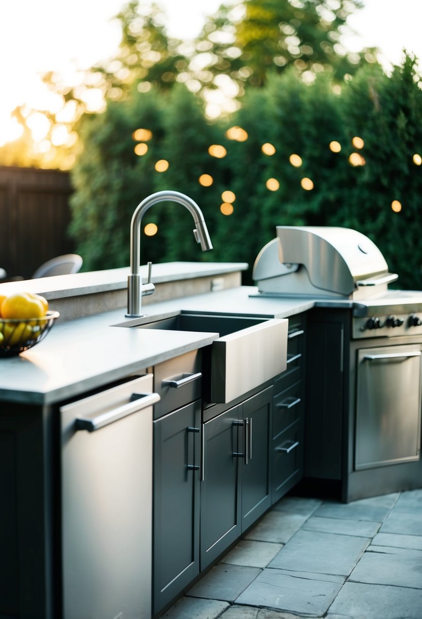 A stainless steel sink station is integrated into a sleek outdoor kitchen setup, complete with a countertop, cabinets, and a built-in grill