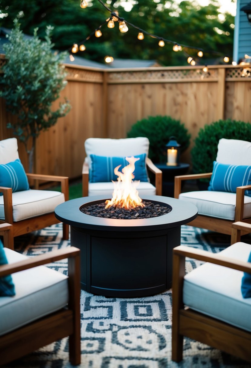 A cozy backyard with a small fire pit surrounded by comfortable seating, creating a warm and inviting atmosphere for outdoor gatherings