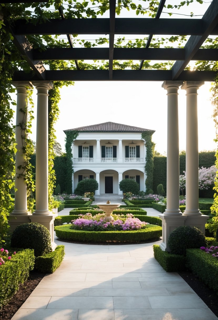 A grand colonial-style pergola stands surrounded by lush gardens, with climbing vines and blooming flowers creating an elegant and serene atmosphere