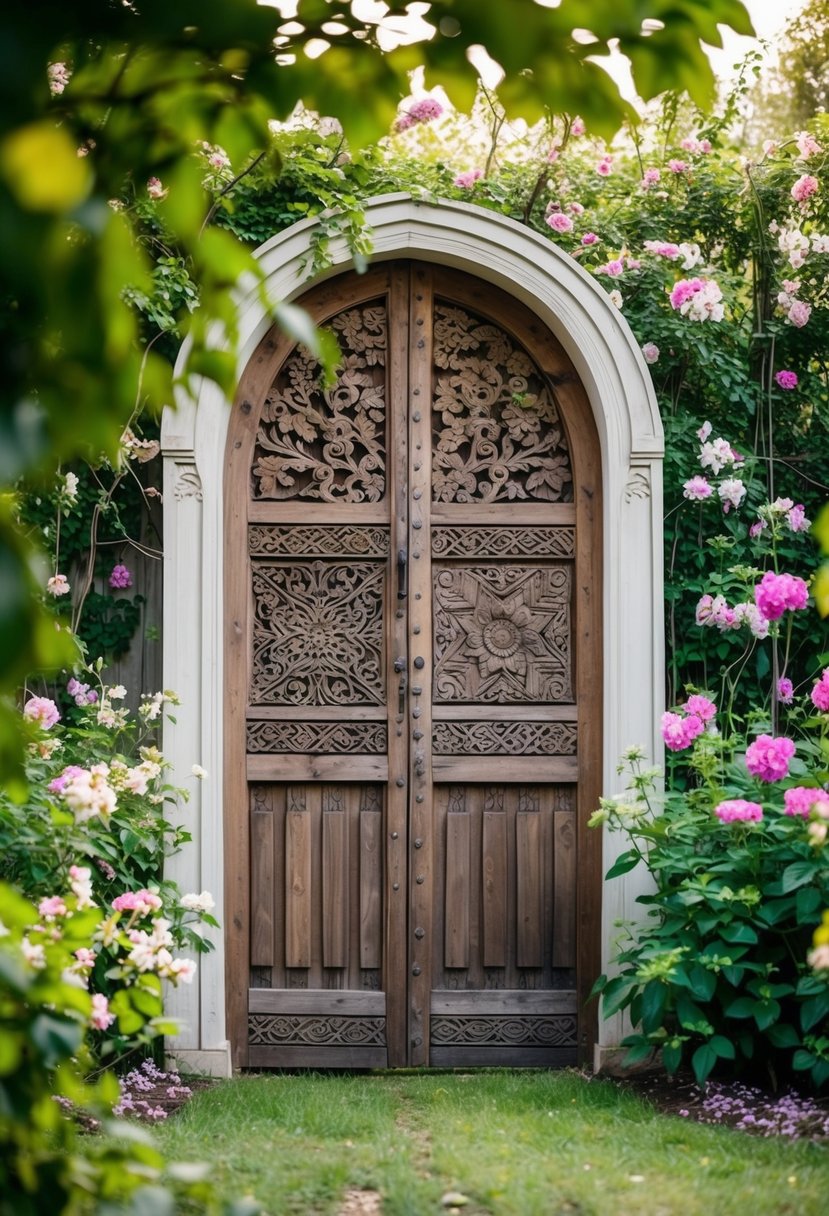A hand-carved wood gate stands in a lush garden, surrounded by blooming flowers and vines, with intricate designs and patterns adorning its surface