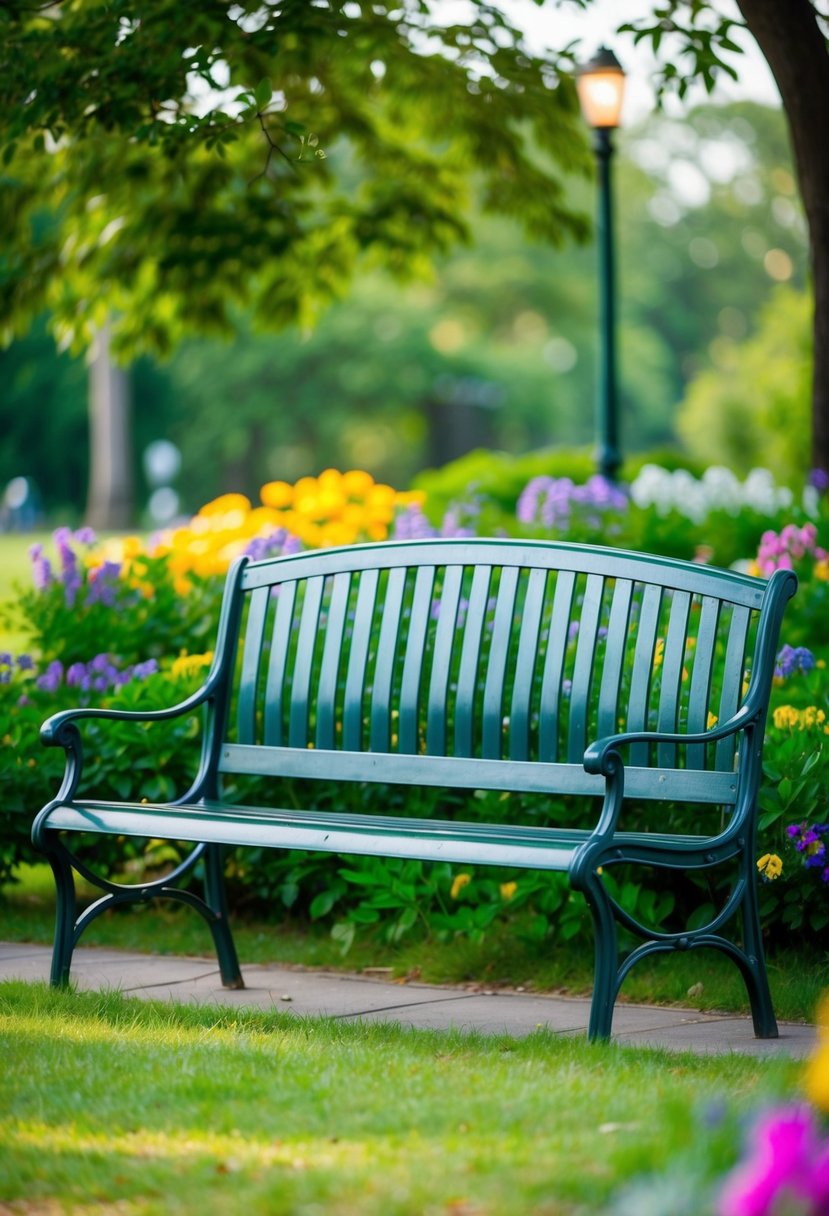 A steel park bench surrounded by lush greenery and colorful flowers, offering a peaceful and inviting spot for relaxation