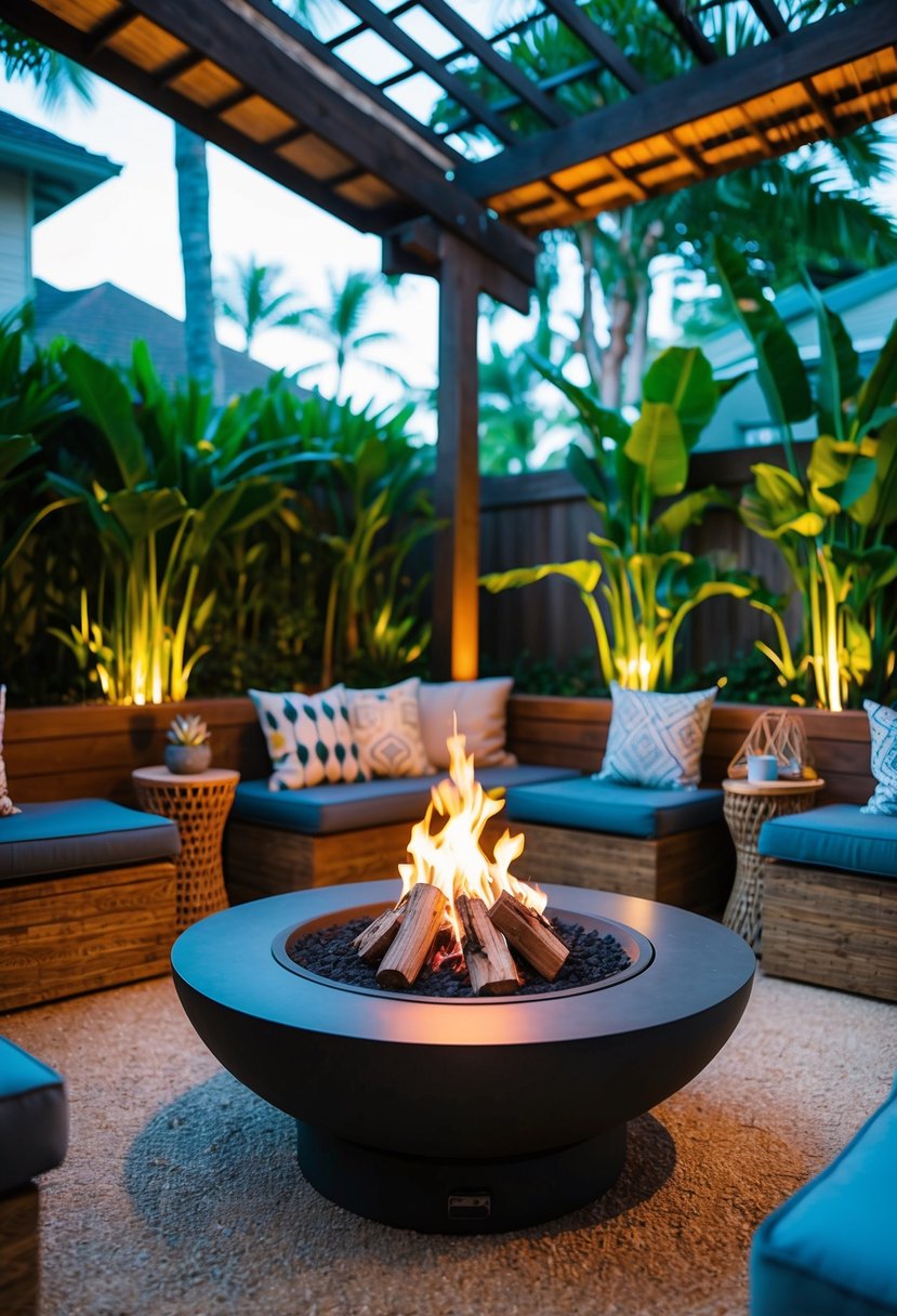 A cozy backyard with a BALI Outdoors wood burning fire pit as the centerpiece. Surrounding the fire pit are small seating areas with various decorative elements creating a warm and inviting atmosphere