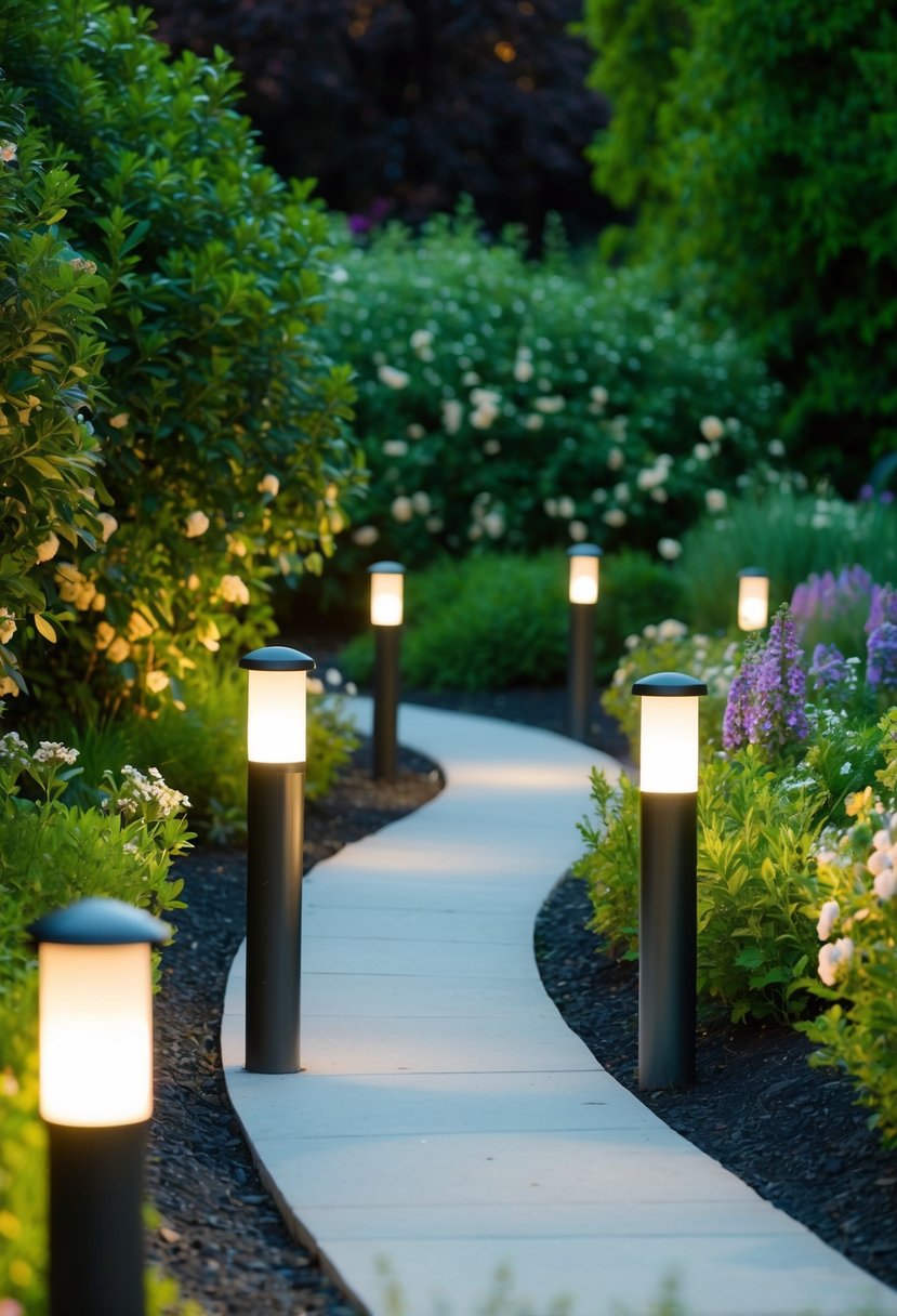 A winding pathway illuminated by bollard lights, surrounded by lush greenery and flowers