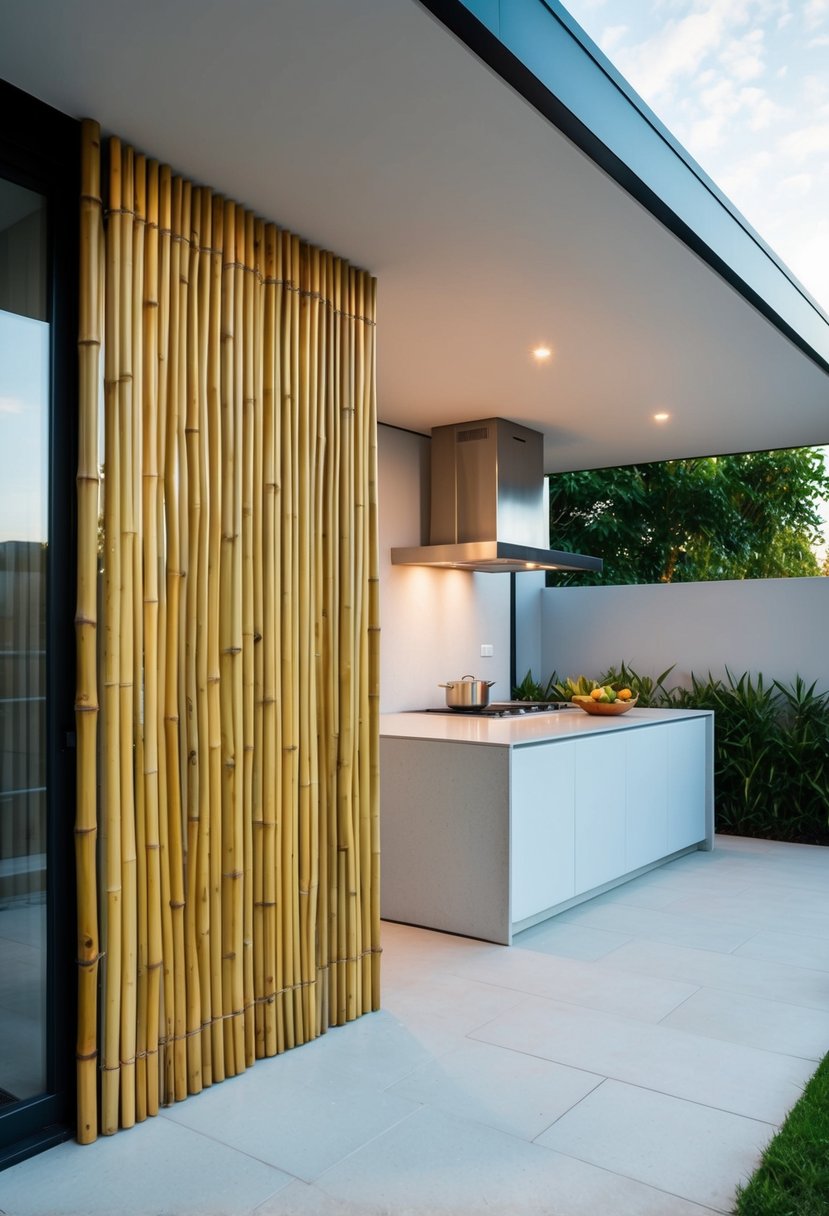 A sleek bamboo privacy screen surrounds a modern outdoor kitchen with minimalist design and clean lines