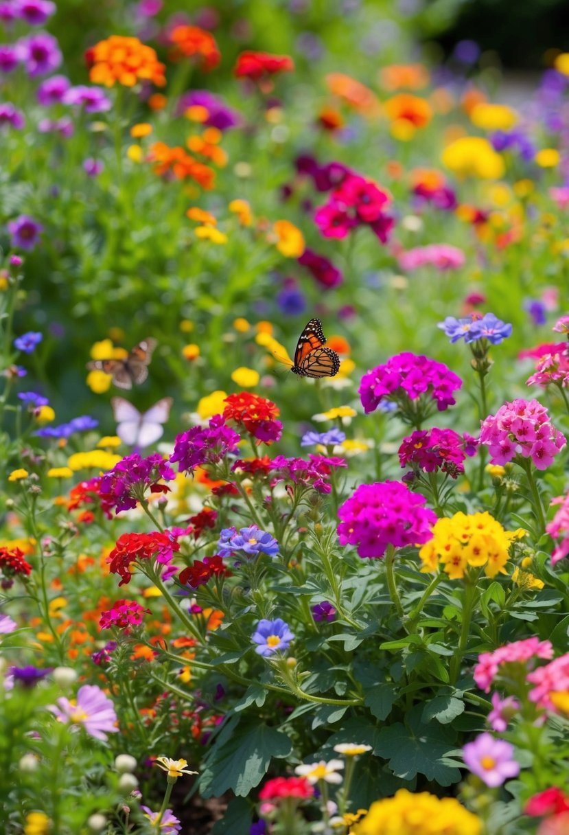 A vibrant garden of wild geraniums and other colorful wildflowers in full bloom. Butterflies flutter among the blossoms, and the sun shines down on the picturesque scene