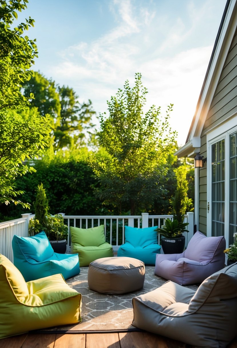 A cozy outdoor patio with a variety of bean bag seating options arranged in a casual and inviting manner. The setting is surrounded by lush greenery and bathed in warm sunlight