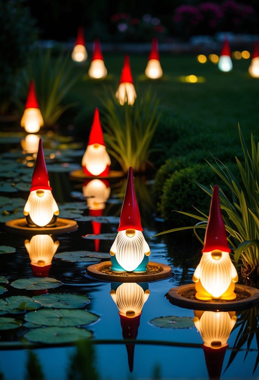 Solar garden gnome lamps illuminate 25 tranquil garden ponds at night