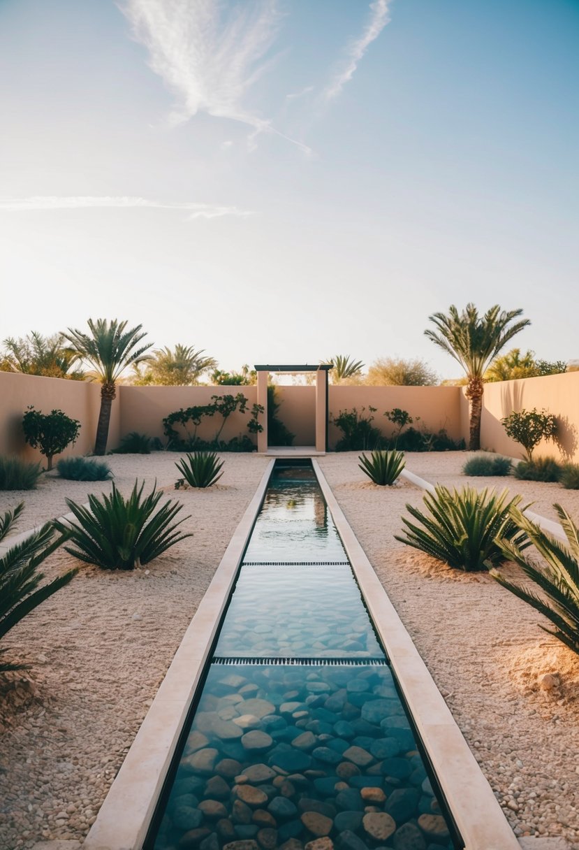 A desert oasis garden with minimalist streams flowing through 27 gardens