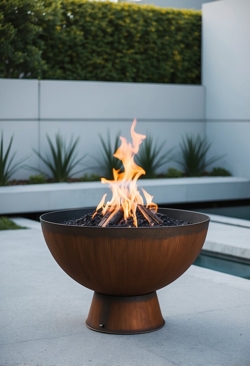 A sleek, modern Cor-Ten steel fire pit stands in an industrial outdoor setting, surrounded by minimalist landscaping and clean lines