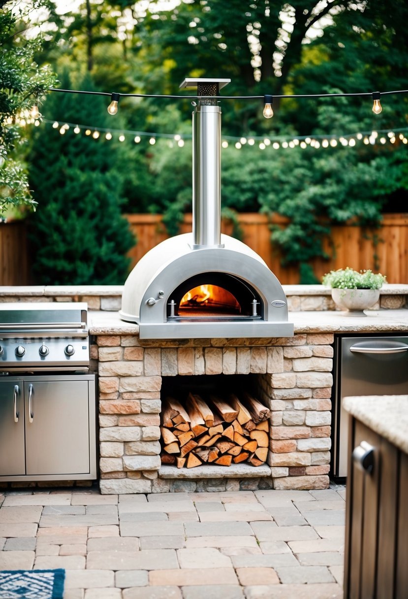 A backyard patio with a Bertello outdoor pizza oven surrounded by a well-designed outdoor kitchen