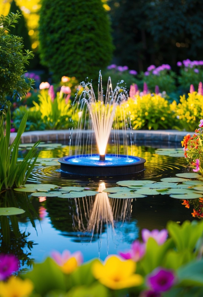 A serene garden pond with a LED lighted fountain, surrounded by lush greenery and colorful flowers