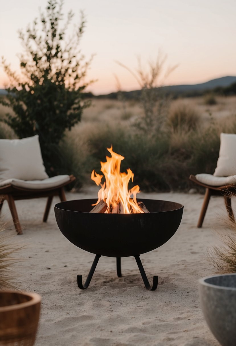 A simple iron fire pit surrounded by natural elements in a minimalist outdoor setting