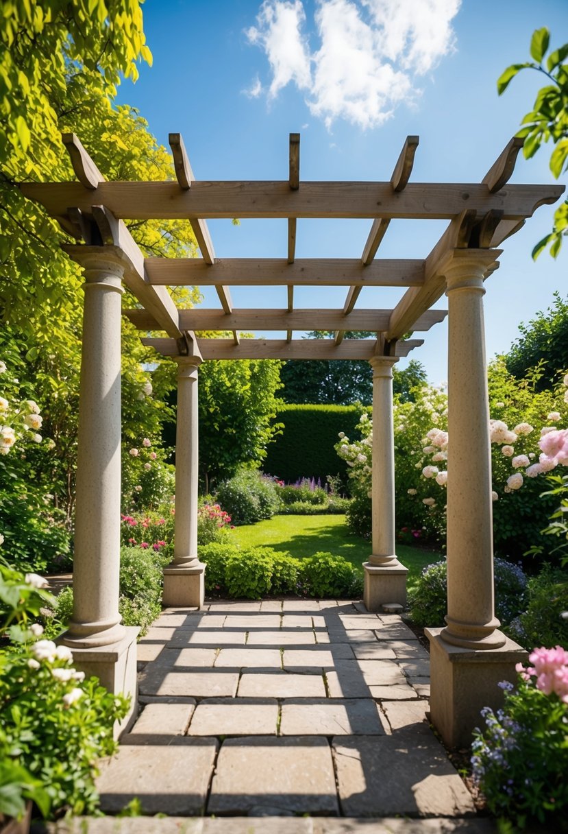 A natural stone pergola stands in a lush garden, surrounded by blooming flowers and greenery. The sun casts dappled shadows through the open roof onto the stone floor