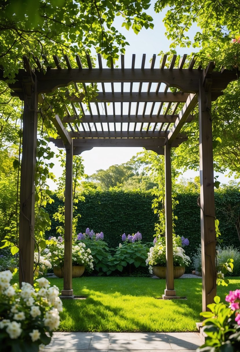 A traditional wood pergola stands in a lush garden, surrounded by blooming flowers and climbing vines. The sun filters through the slatted roof, casting dappled shadows on the ground