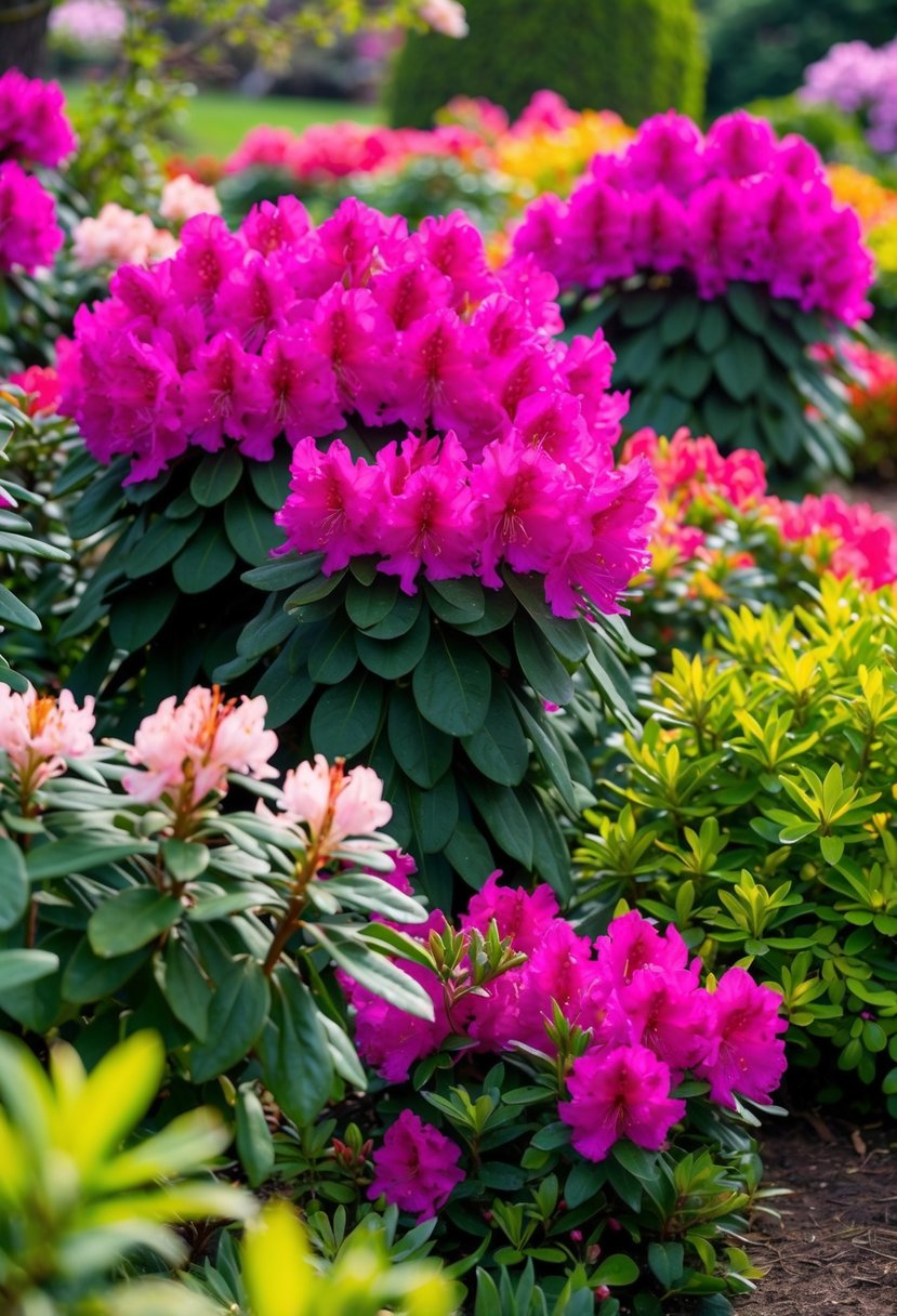 A lush garden filled with vibrant rhododendron 'Catawbiense Boursault' and azaleas, creating a colorful and picturesque landscape