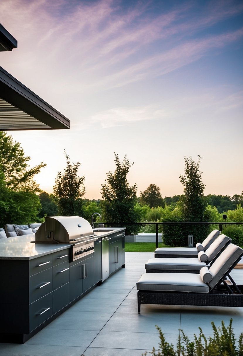 A sleek, modern outdoor kitchen with custom chaise lounges