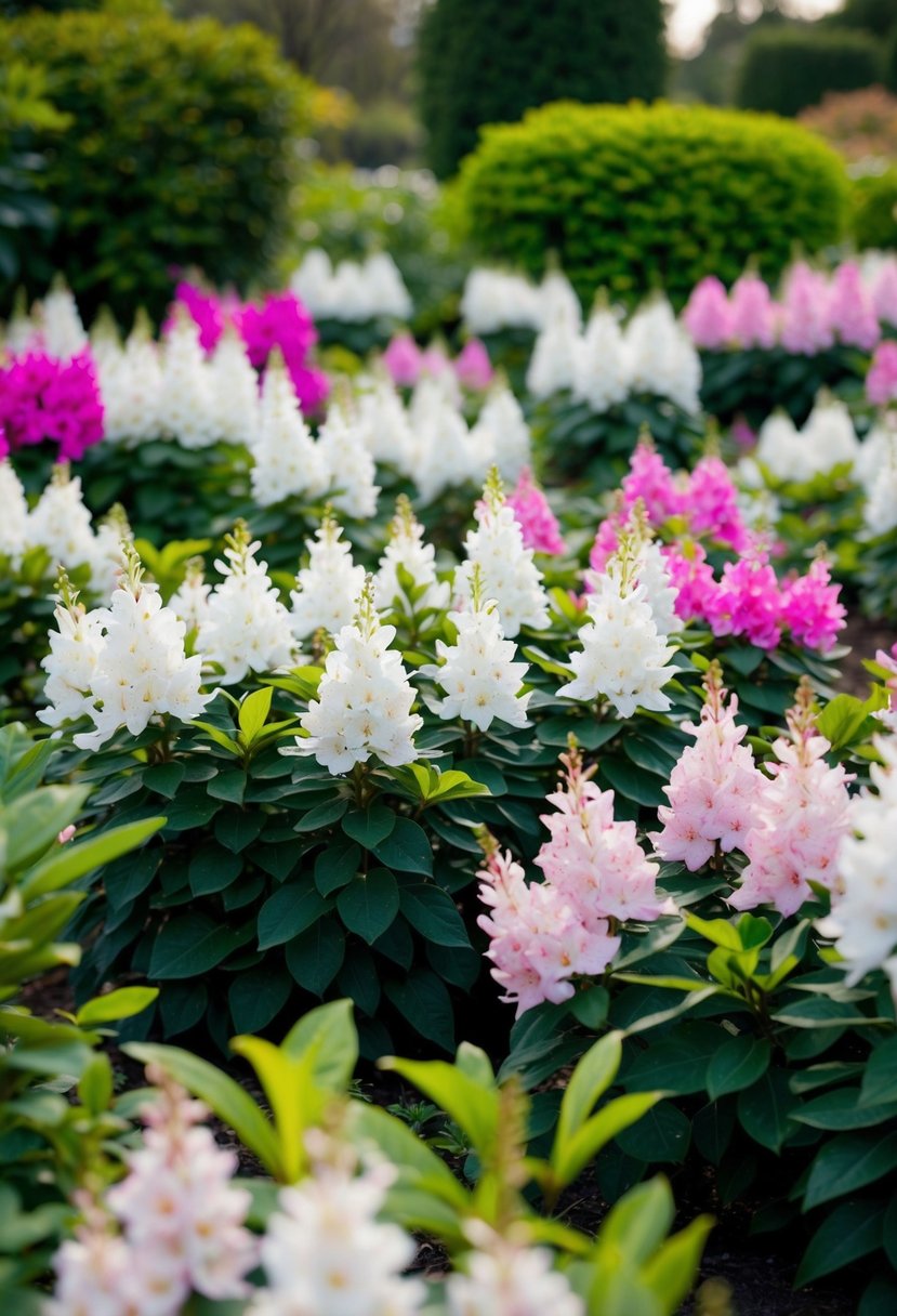 A peaceful garden filled with blooming 'White Lights' azaleas in various shades of white and pink, surrounded by lush green foliage