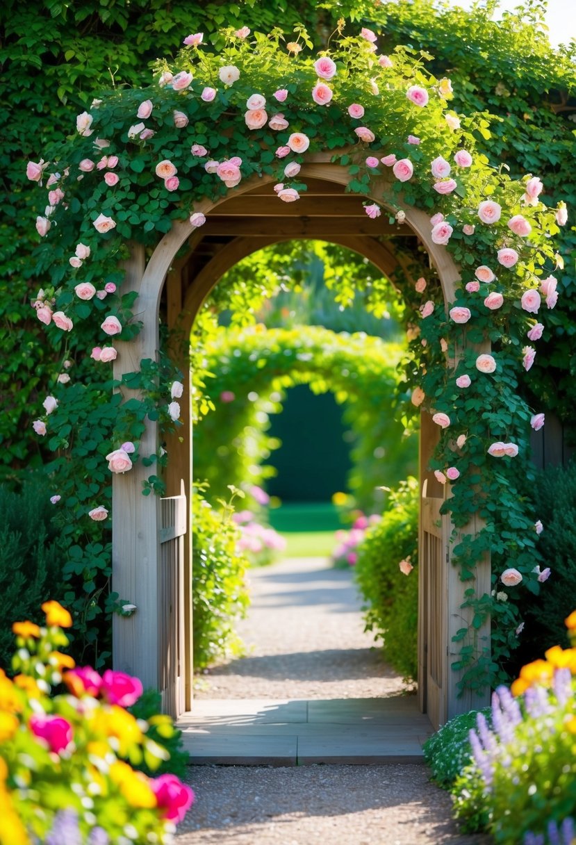 A lush garden entrance with a wooden archway covered in climbing roses, surrounded by vibrant greenery and colorful flowers