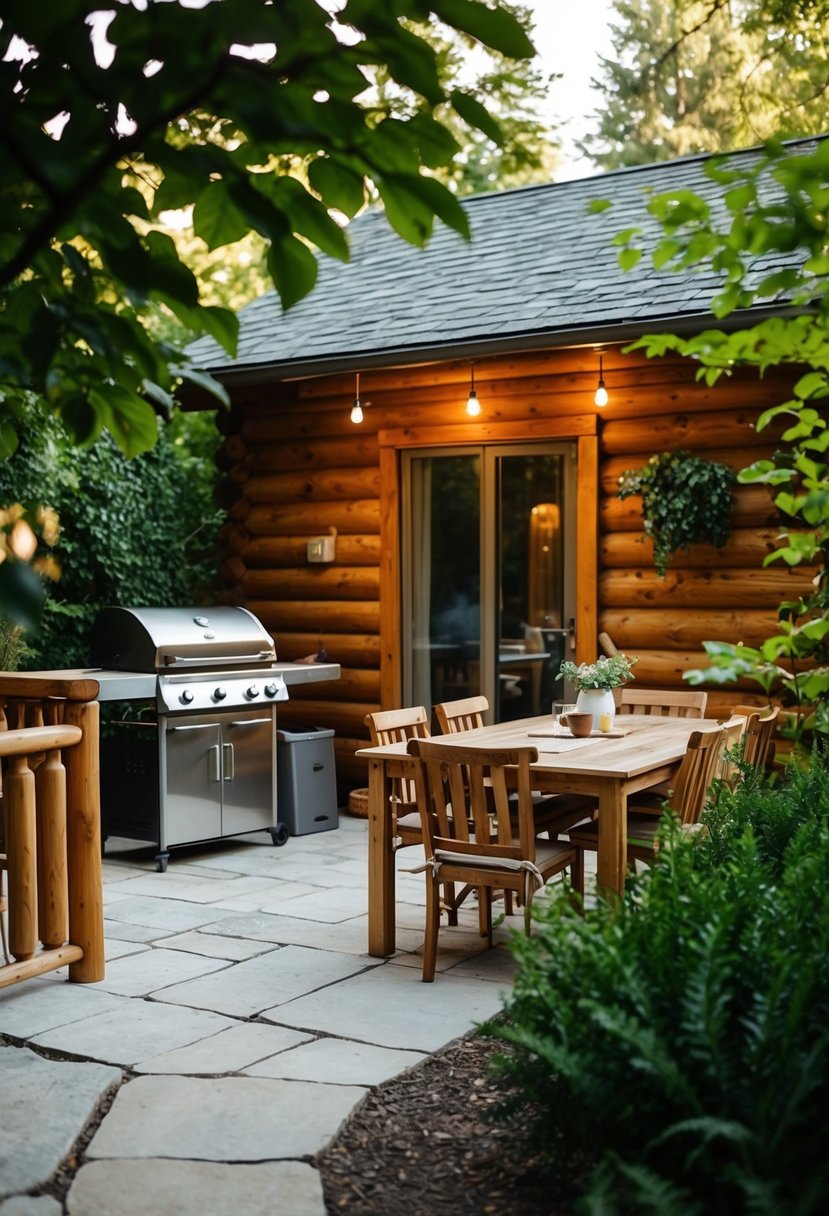 A cozy rustic cabin patio with a BBQ area, surrounded by wooden furniture and lush greenery