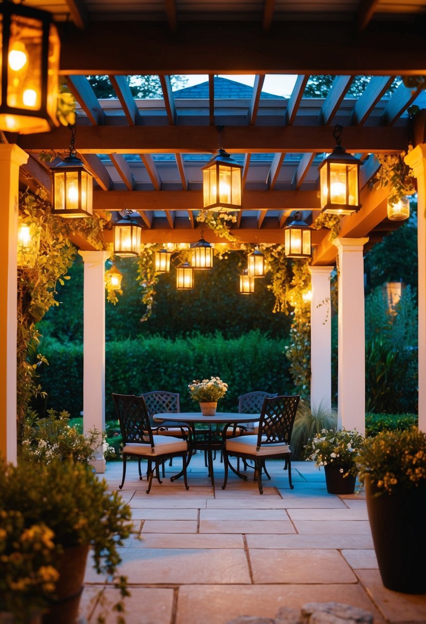 A patio adorned with hanging lanterns, casting a warm glow over the garden