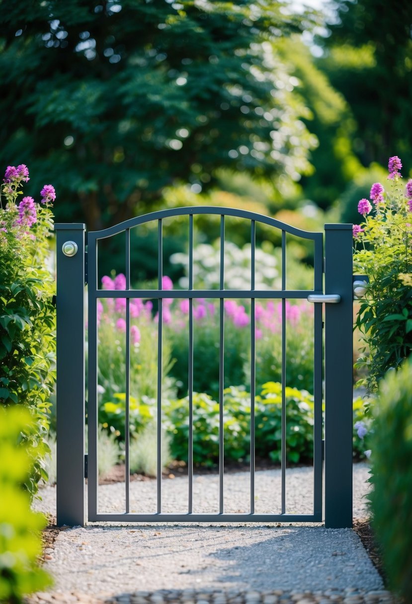 A sleek, modern metal gate stands at the entrance to a garden, surrounded by lush greenery and vibrant flowers