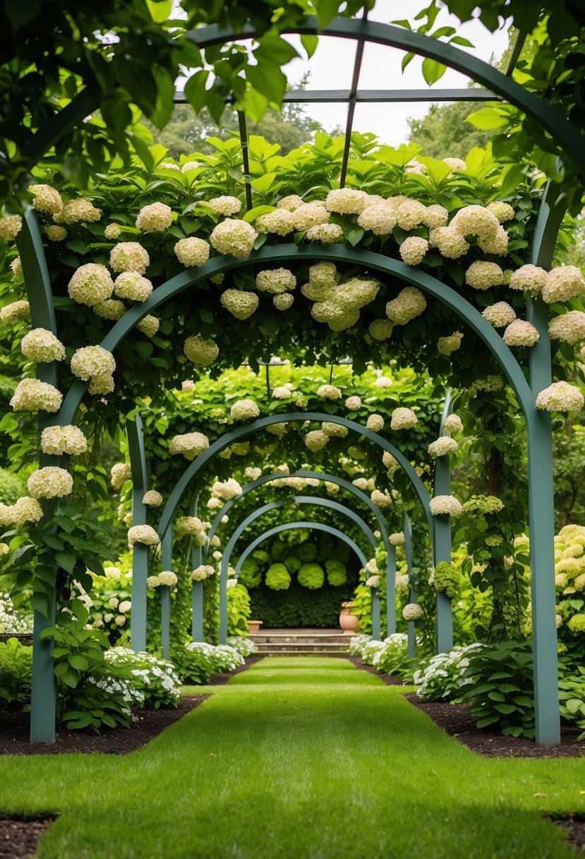 A lush garden with a sprawling canopy of climbing hydrangeas weaving through 27 arbors
