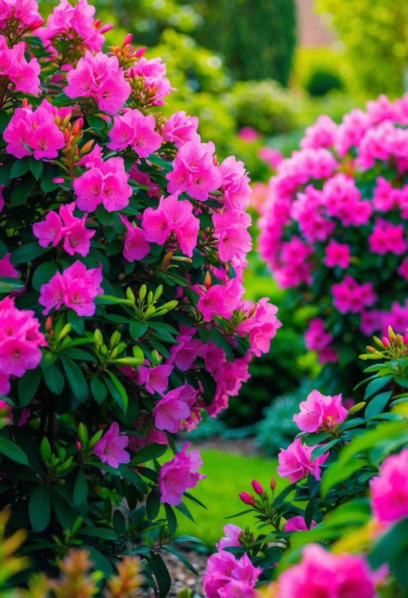 Lush garden with vibrant azaleas in full bloom, creating a colorful and picturesque scene