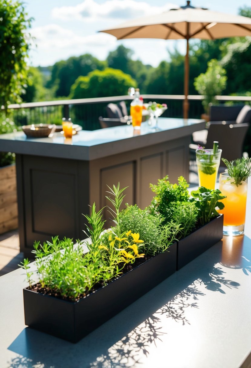 A sunlit herb garden overlooks a patio bar with a cocktail station. Various herbs and garnishes are neatly arranged for use in drinks