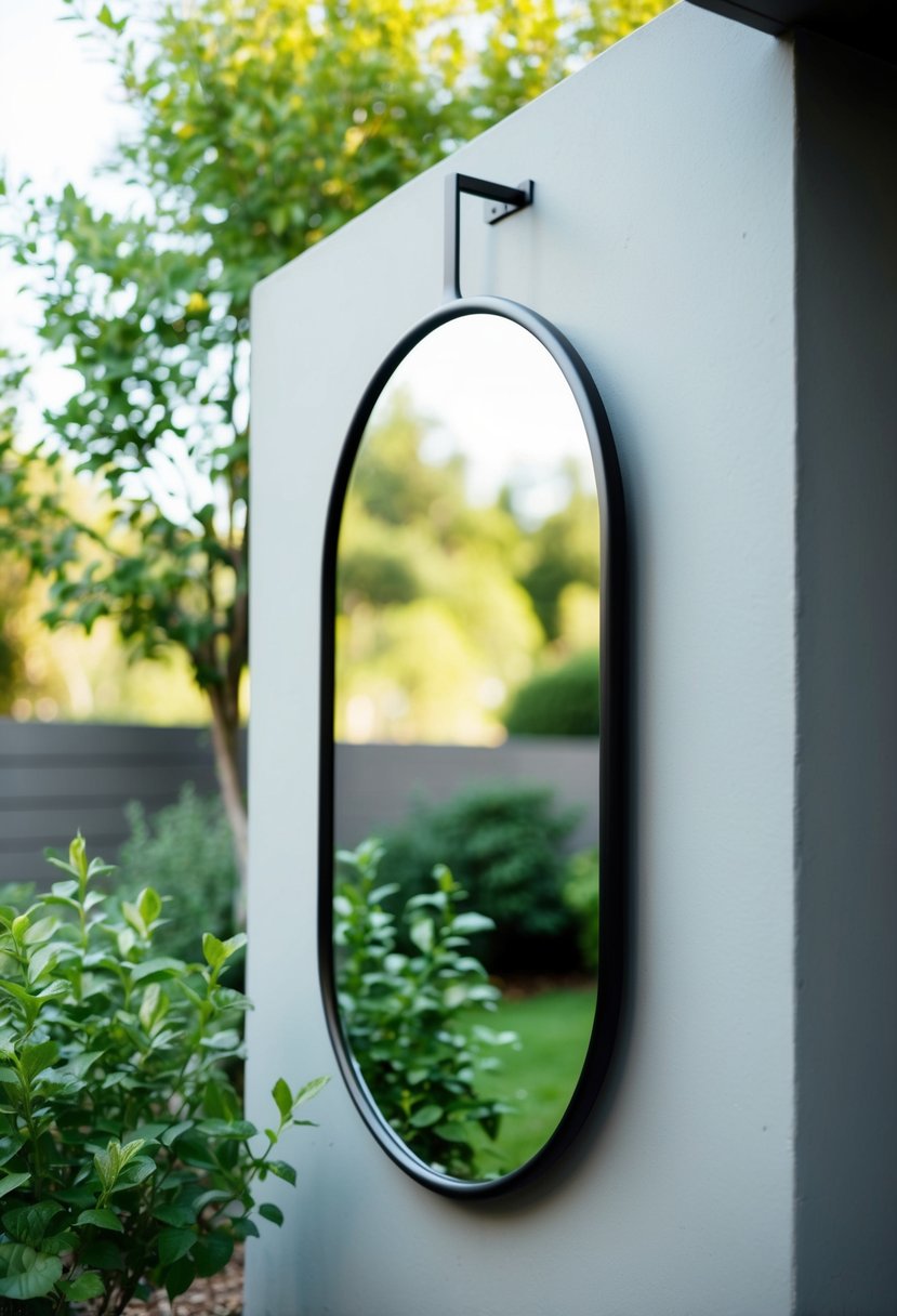 A sleek black metal mirror hangs on a garden wall, reflecting the surrounding greenery and adding a minimalist touch to the outdoor space