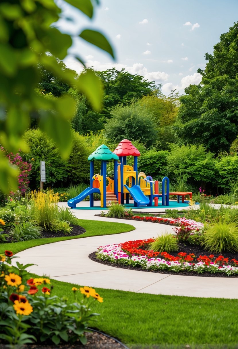 A lush garden with colorful flowers, winding paths, and a designated kids' play area nestled among the greenery