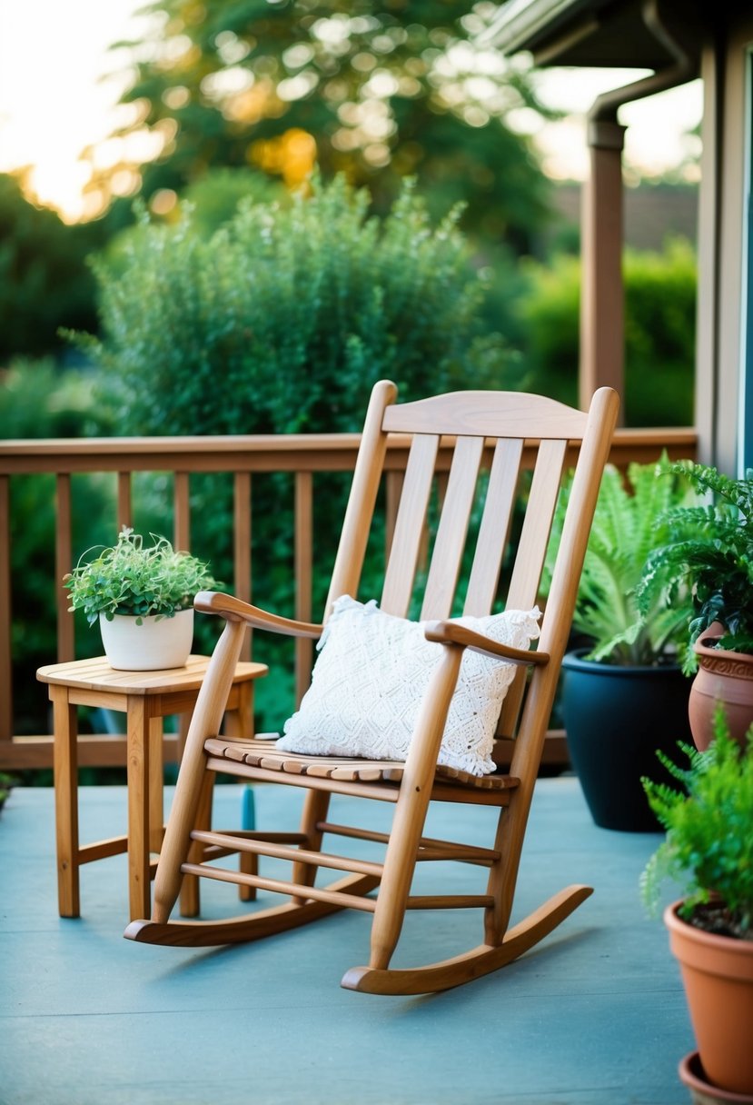 A wooden rocking chair set on a patio with potted plants and a small table
