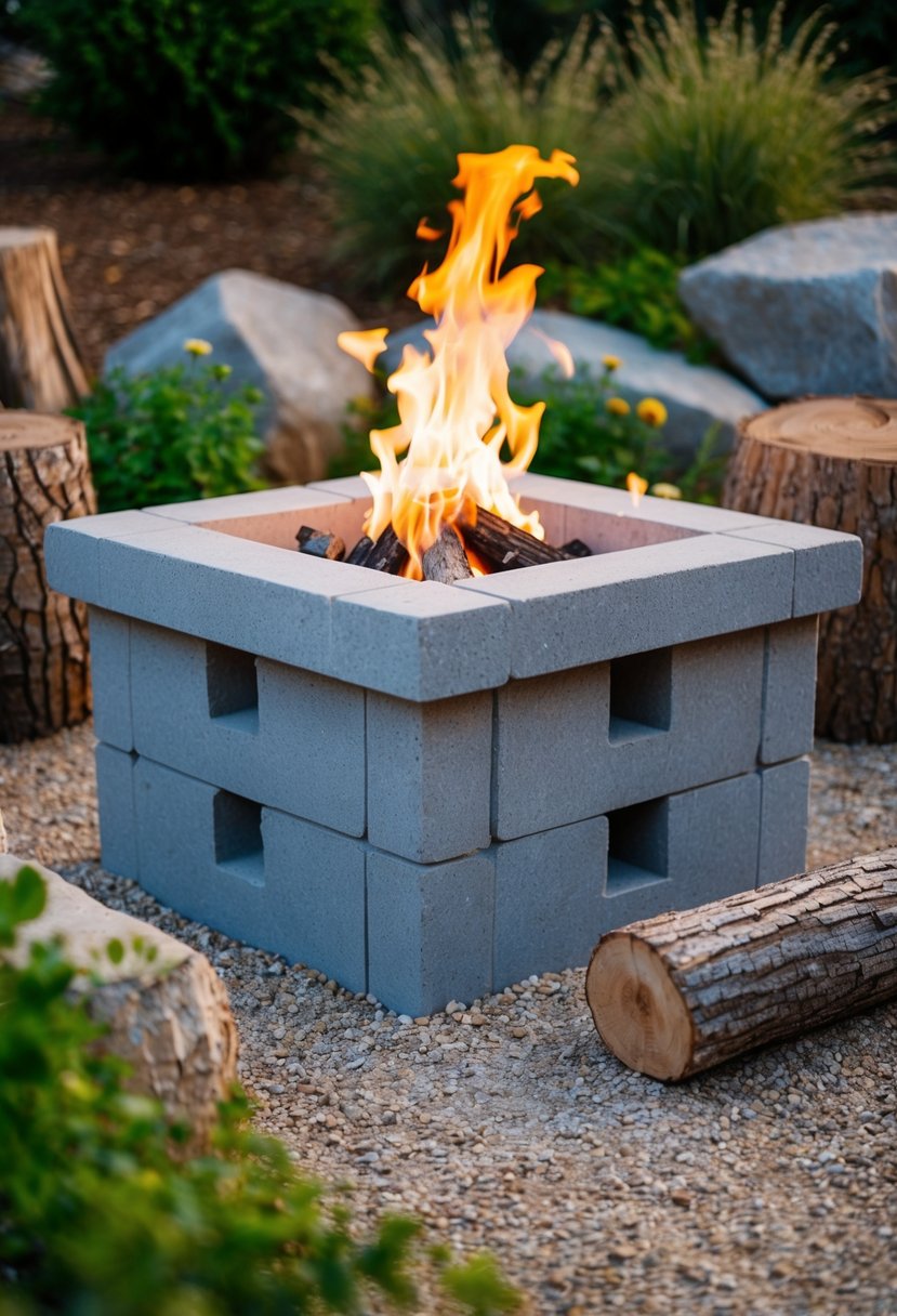 A cinder block fire pit surrounded by natural elements like rocks, logs, and greenery, with a warm fire burning in the center