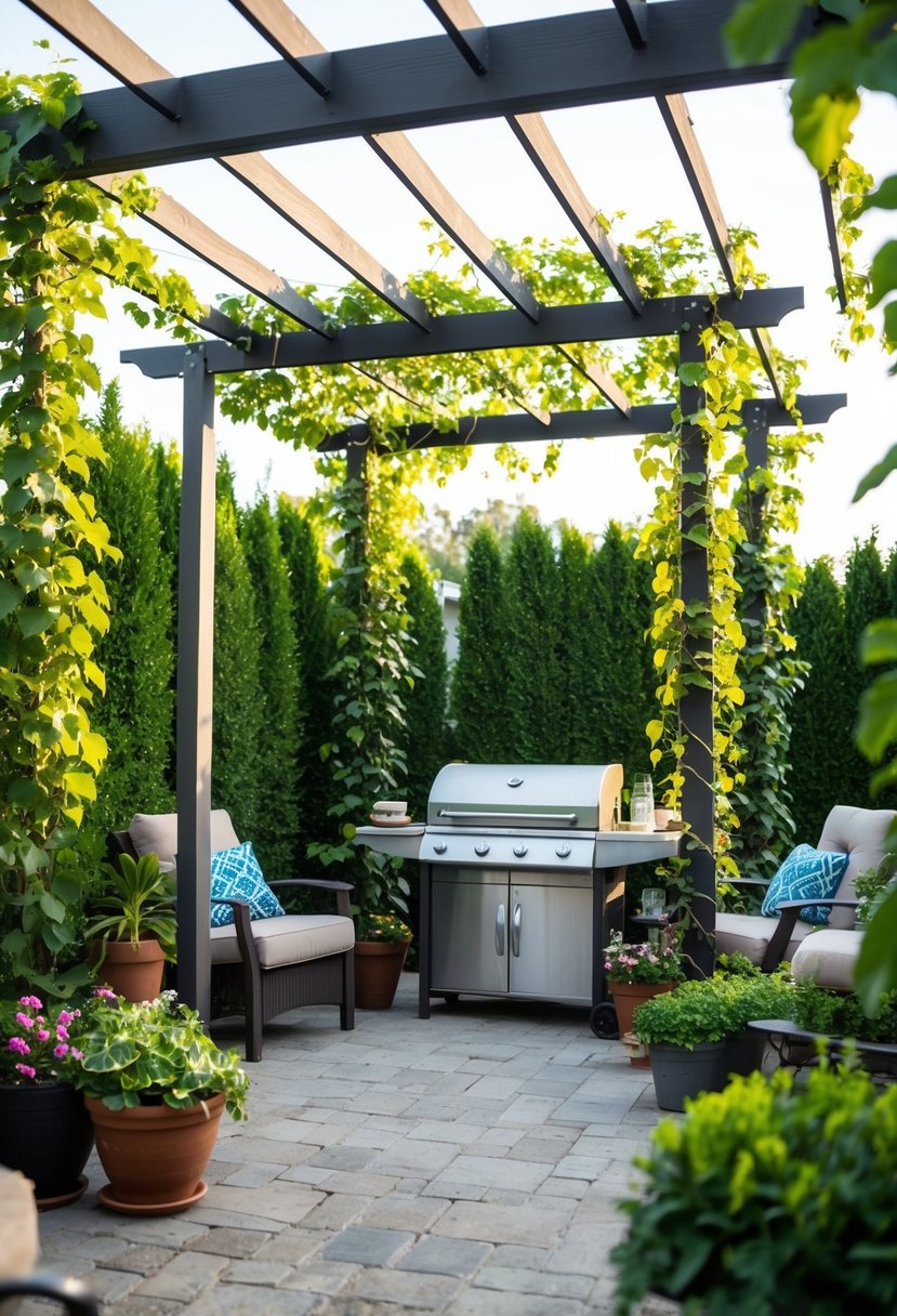 A trellis covered in lush climbing vines stands in a cozy patio BBQ area, surrounded by potted plants and comfortable outdoor furniture