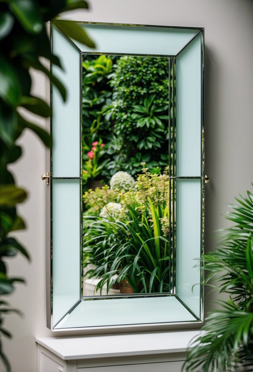 A modern rectangular mirror reflects a lush garden scene with 33 different design ideas
