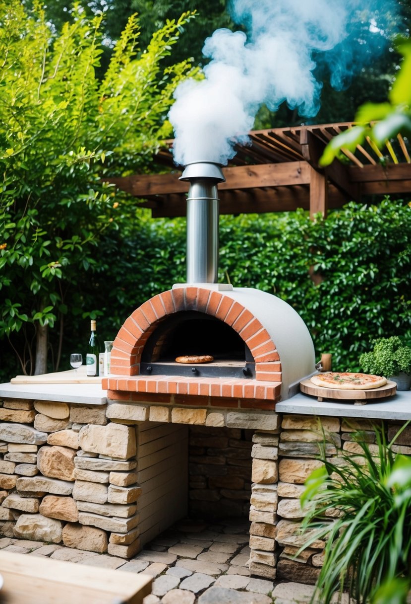 A wood-fired brick oven stands in an outdoor kitchen, surrounded by rustic stone and lush greenery. Smoke billows from the chimney as the oven heats up, ready to bake delicious pizzas