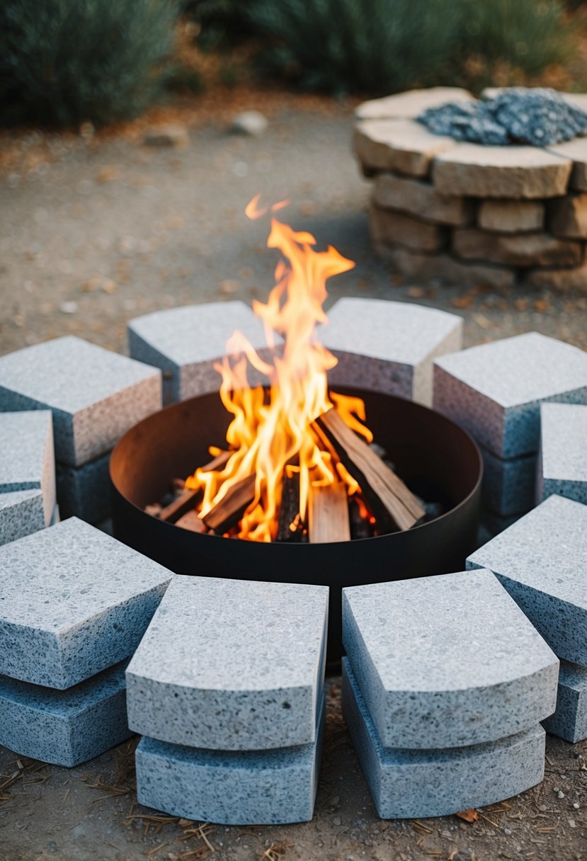 A cluster of circular granite blocks arranged around a crackling fire pit in a natural outdoor setting