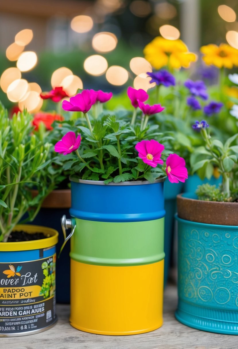 A colorful paint can repurposed as a flower pot, surrounded by various other creative garden container ideas