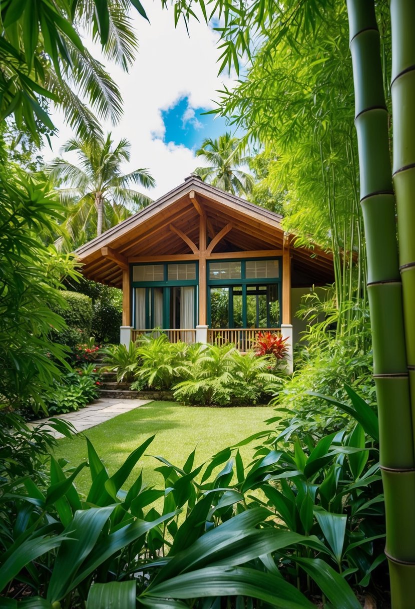 Lush bamboo gardens surround a tranquil summer house in a tropical setting