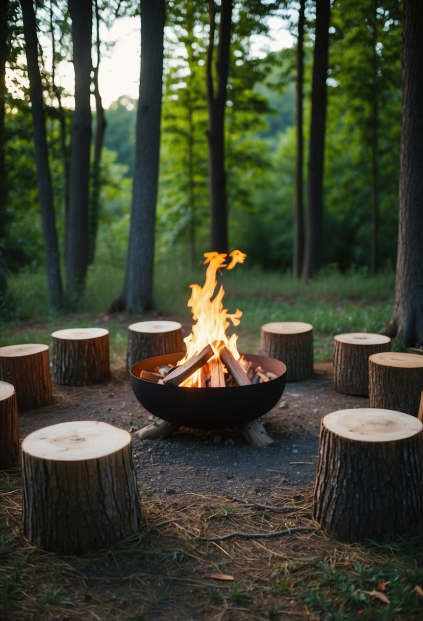 A group of tree stump seating encircles a natural fire pit, nestled among a lush forest clearing. The warm glow of the flames illuminates the rustic setting