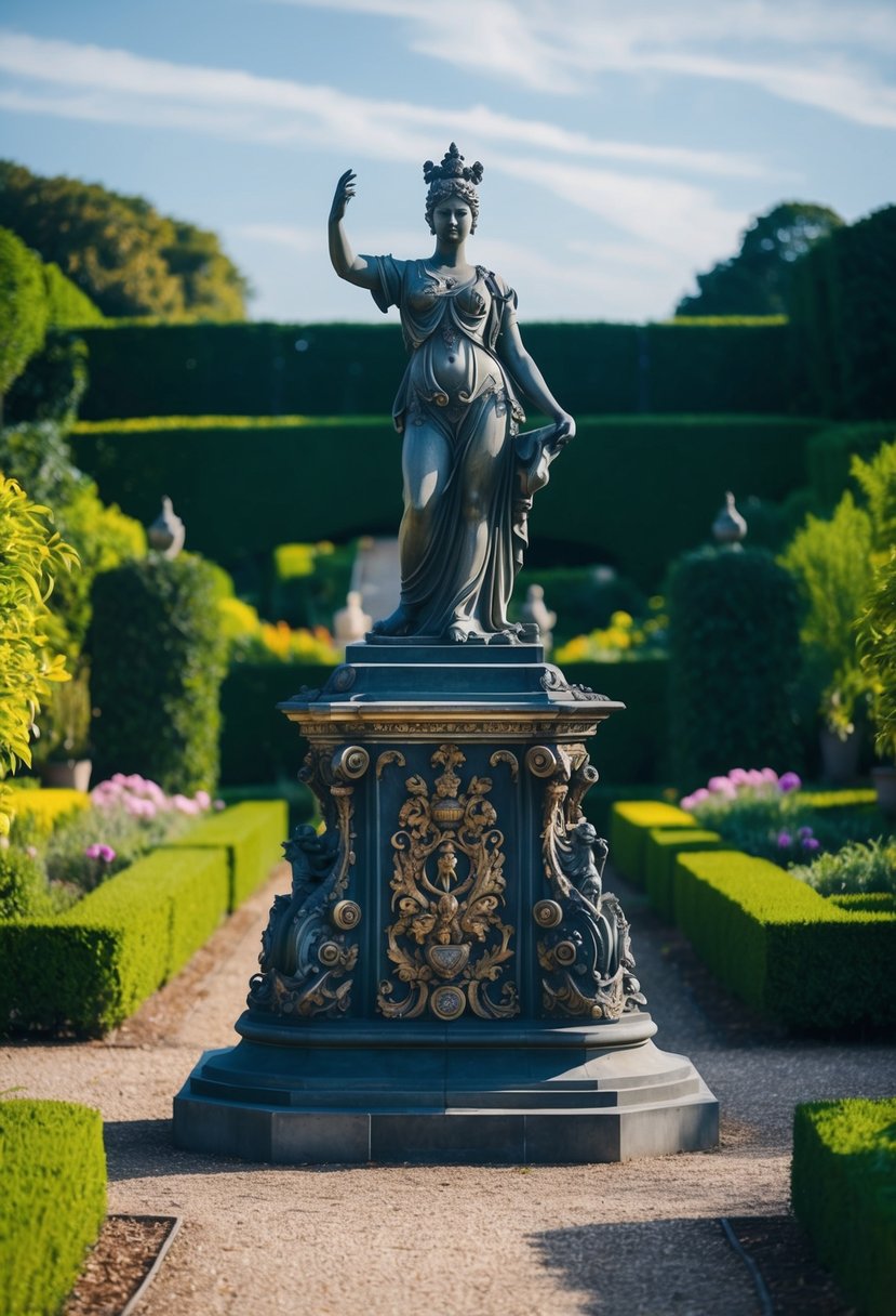 A grand, ornate statue stands at the entrance of a lush garden, welcoming visitors with its imposing presence and intricate details