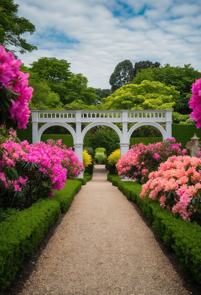 A winding path lined with vibrant azaleas leads to a grand archway surrounded by lush gardens with arched trellises