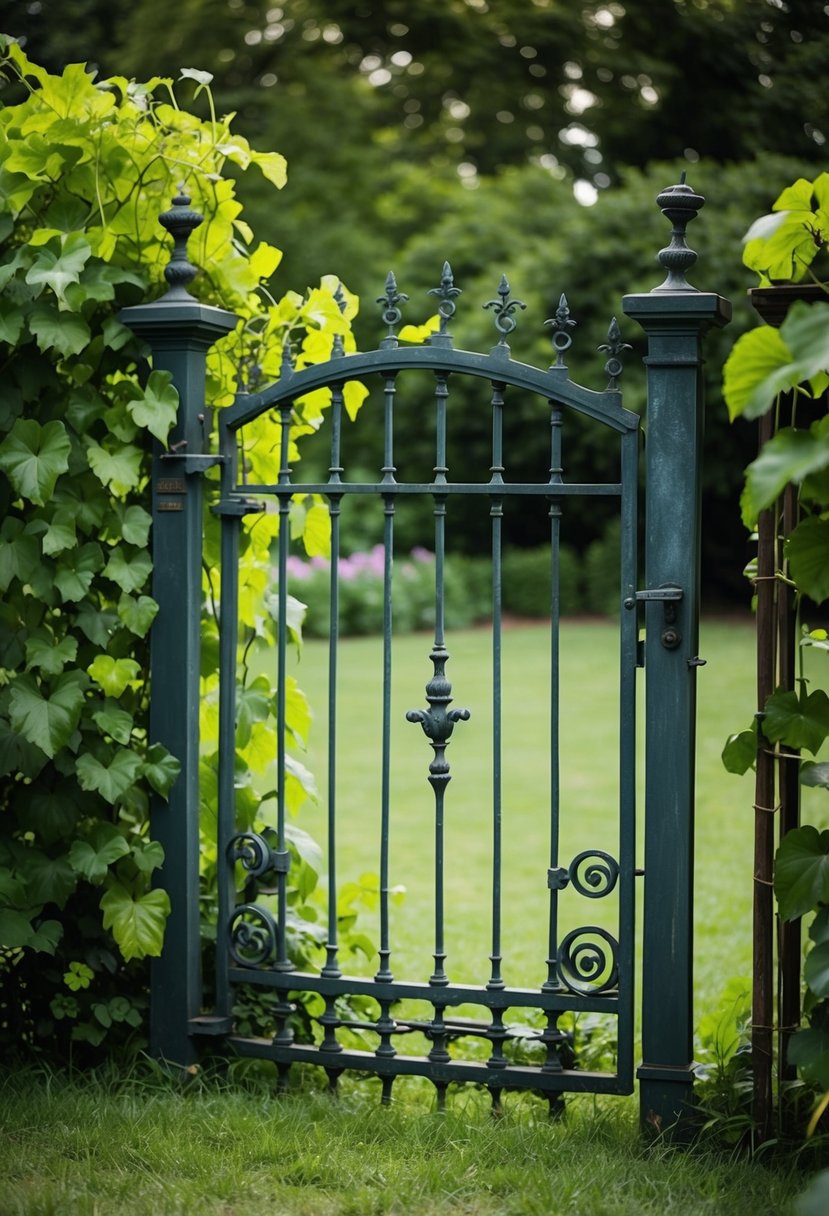 A vintage iron gate stands among overgrown vines in a lush garden, evoking a sense of history and elegance
